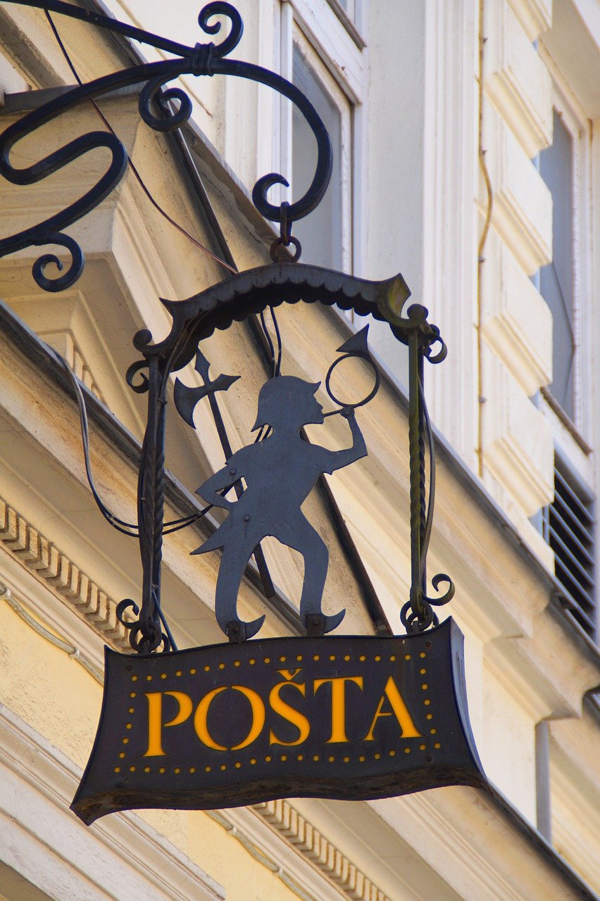 post office, figurehead, postman, sign, shop sign, advertising sign, advertisement, a notice, slovenia, kamnik
